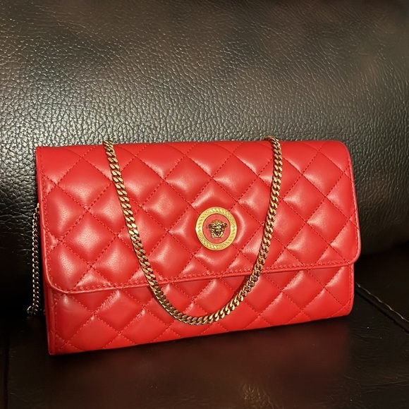 SALE!! Versace red nappa icon medusa logo leather evening bag or wallet on chain - Picture 7 of 14